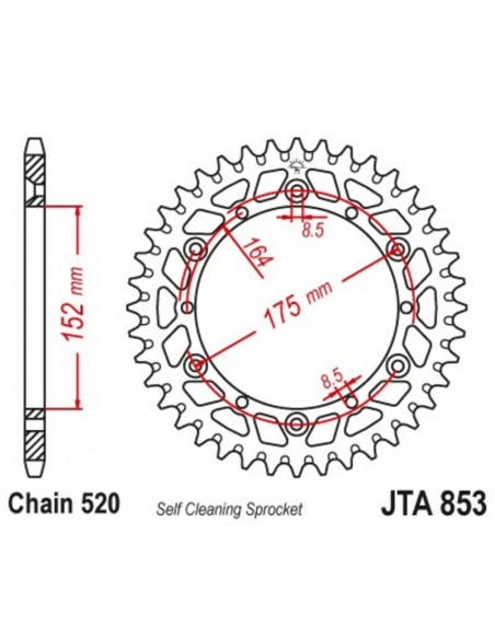 Couronne JT SPROCKETS aluminium ultra-light anti-boue 853 - 520 Couronne JT SPROCKETS aluminium ultra-light anti-boue 853 - 520