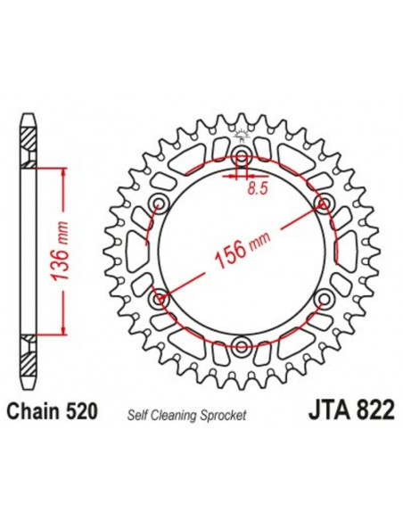Couronne JT SPROCKETS aluminium ultra-light anti-boue 822 - 520 Couronne JT SPROCKETS aluminium ultra-light anti-boue 822 - 520