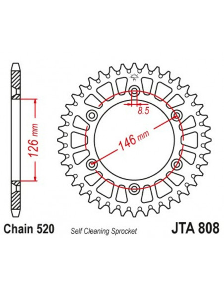 Couronne JT SPROCKETS aluminium ultra-light anti-boue 808 - 520 Couronne JT SPROCKETS aluminium ultra-light anti-boue 808 - 520