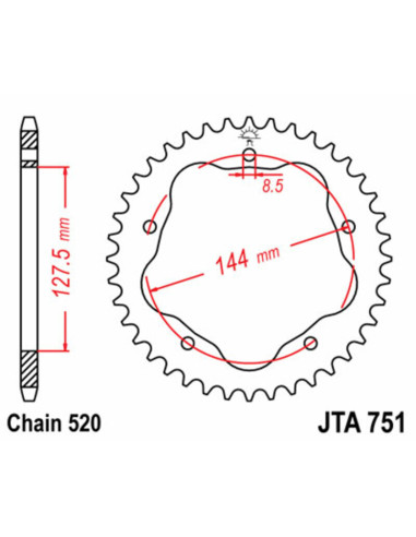 Couronne JT SPROCKETS acier standard 751 - 520 Couronne JT SPROCKETS acier standard 751 - 520