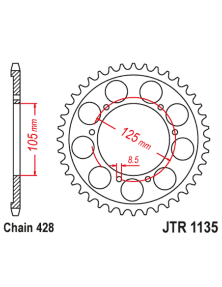 Couronne JT SPROCKETS acier standard 1135 - 428 Couronne JT SPROCKETS acier standard 1135 - 428