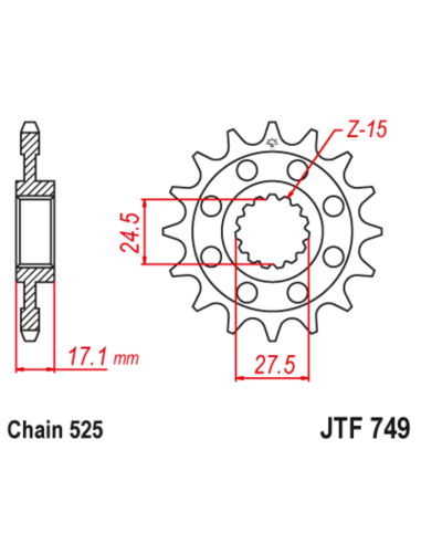 Pignon JT SPROCKETS acier anti-bruit 749 - 525