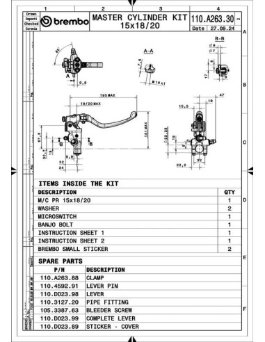 Maître-cylindre de frein BREMBO UPGRADE Pr15 RCS levier long repliable Maître-cylindre de frein BREMBO UPGRADE Pr15 RCS levier long repliable