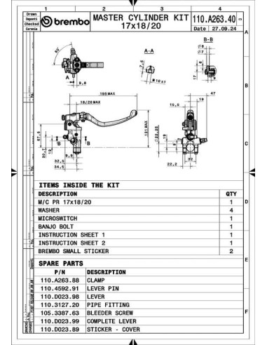 Maître-cylindre de frein BREMBO UPGRADE Pr17 RCS levier long repliable Maître-cylindre de frein BREMBO UPGRADE Pr17 RCS levier long repliable