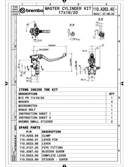 Maître-cylindre de frein BREMBO UPGRADE Pr17 RCS levier long repliable Maître-cylindre de frein BREMBO UPGRADE Pr17 RCS levier long repliable