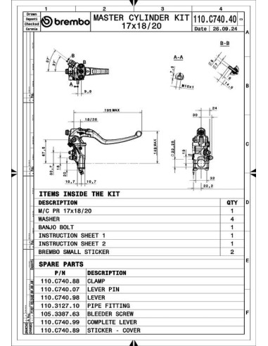 Maître-cylindre de frein BREMBO UPGRADE Pr17 RCS Corsacorta levier long repliable Maître-cylindre de frein BREMBO UPGRADE Pr17 RCS Corsacorta levier long repliable