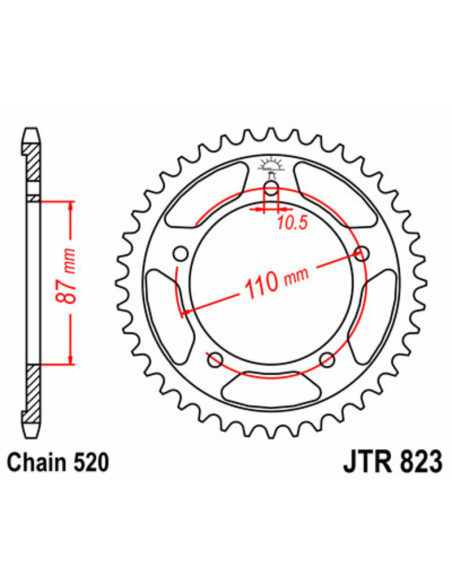 Couronne JT SPROCKETS acier standard 823 - 520 Couronne JT SPROCKETS acier standard 823 - 520