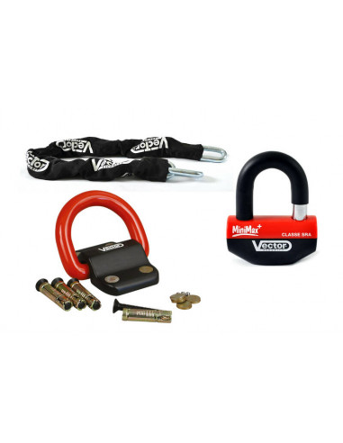 Kit antivol VECTOR - chaîne 1,30m + cadenas/bloque-disque MiniMax+ + Fixation Compac Blok